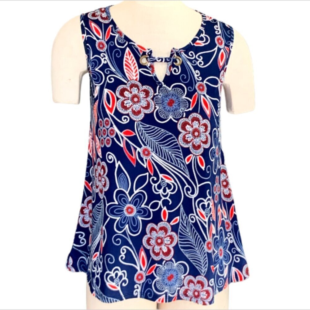 Espresso Mod Swing Tank Top Cutout Neck Grommets Sz M Floral Red White Blue #23H